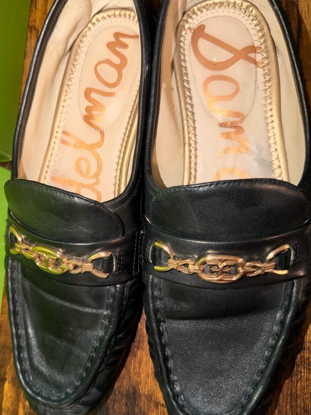 Sam Edelman Black Leather Loafers with Gold Chain Accent - Picture 4 of 7